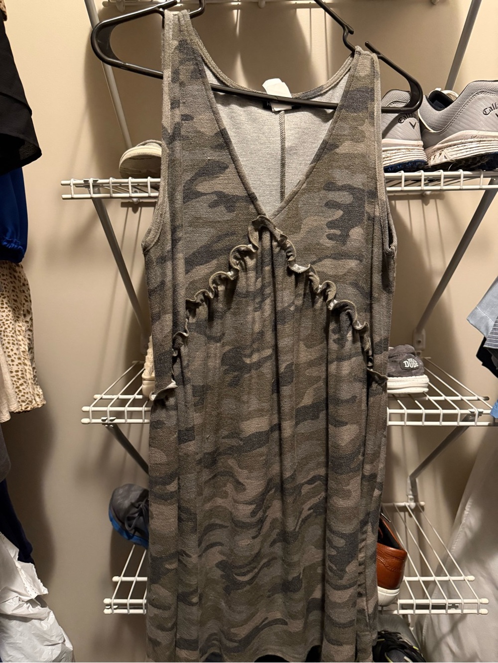 HEIMISH USA Olive Camo Ruffle-Trim Sleeveless Tee Dress
